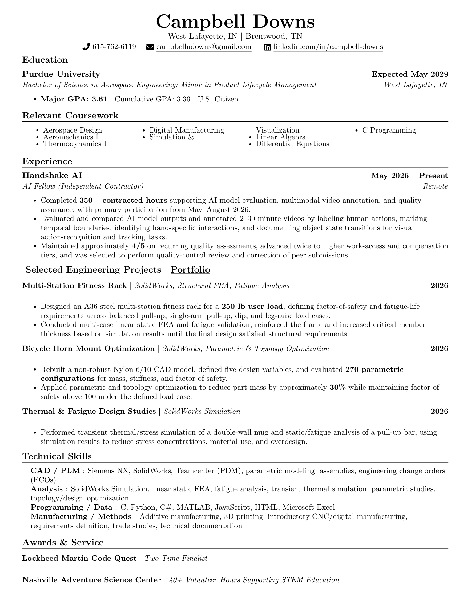 Resume for Campbell Downs, Purdue Aerospace Engineering